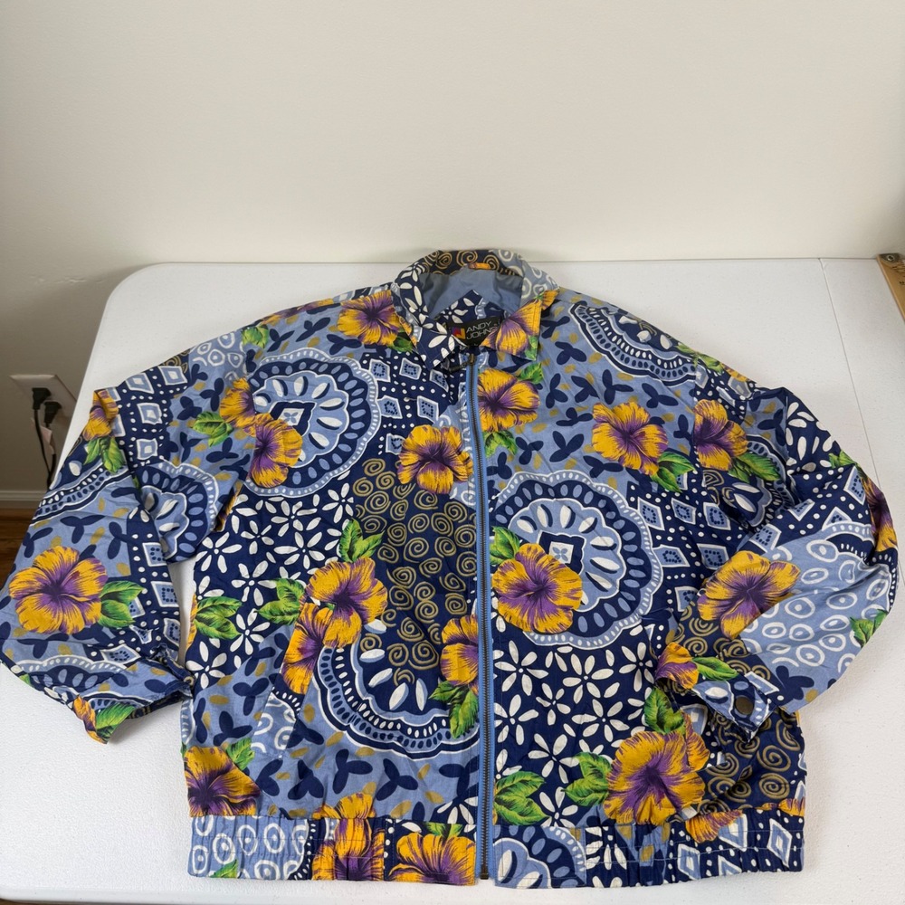 Andy Johns Vintage 90s Floral Geometric Print Nylon Windbreaker Jacket Blue L